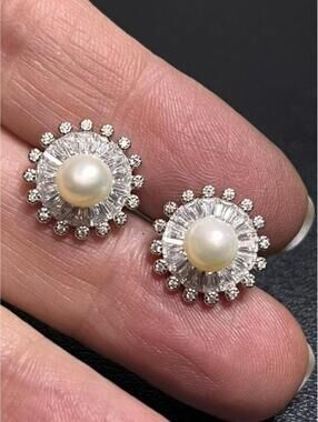 B5509 PAJ designer Pearl Stud Earrings 925 Silver Approx 12mm CZ Sunburst Halo